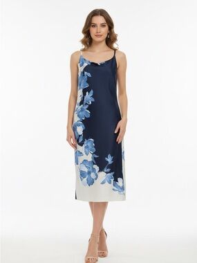Donna Karan Navy & White Floral Slip Midi Dress